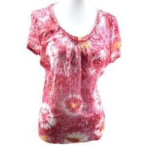 Relativity Womens Large Top Petite Sheer Pink‎ Floral Fairy Happy  Scoop Neck